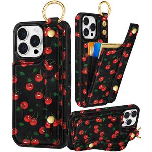 Petitian for iPhone 15 Pro Max Case with Wallet - Women Girls Cute Girly Aesthetic Unique Design with Leather Credit Card Holder Cardholder Stand Wristband for Apple 15 Promax, Cherry