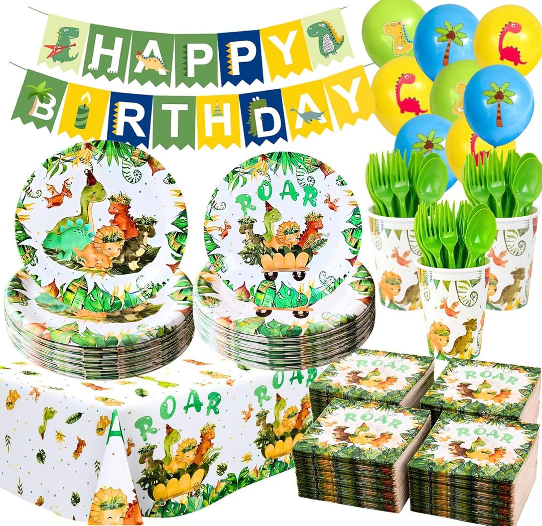 Dinosaur Birthday Party Decorations Set  119 PCS Dino Theme Party Supplies for Kids, Banner, Balloons, Plates, Cups, Napkins, Tablecloth, Invitations & Cake Toppers