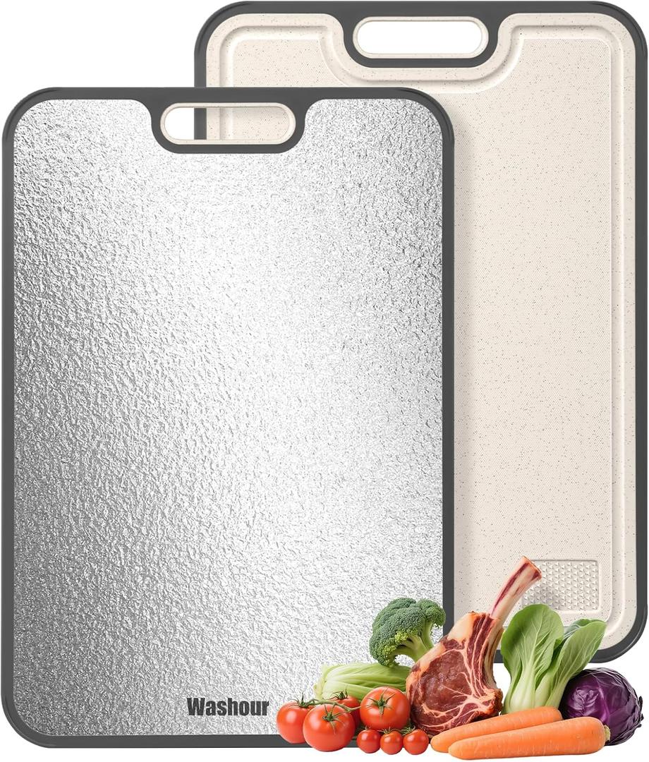 Stainless Steel Cutting Boards for Kitchen, Non Toxic Double Sided Cutting Board, 2-in-1 Wheat Straw PP, Large Chopping Board for Meat and Fruit, Non-Slip, Gifts for Housewarming 1611