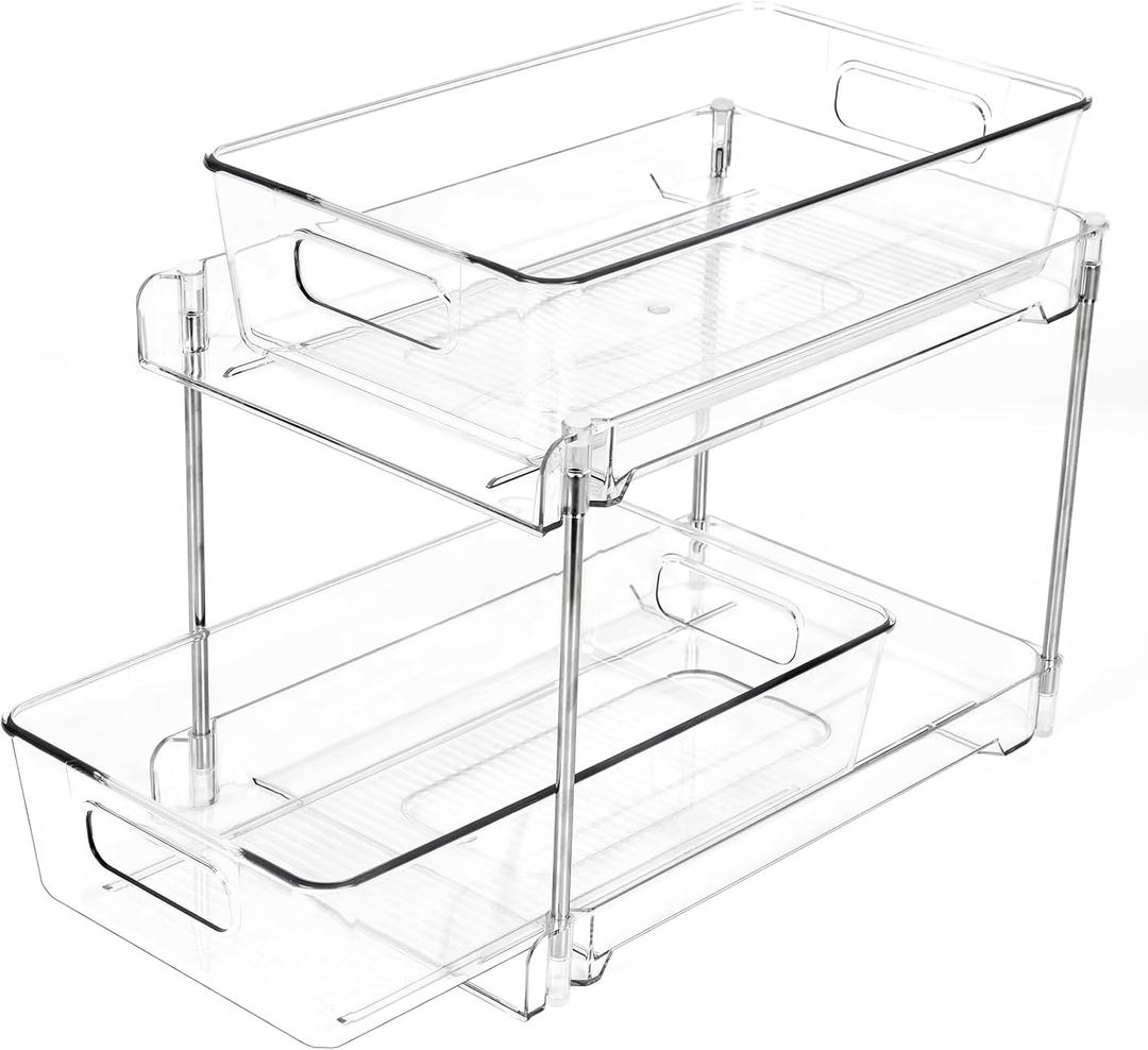 1 Pack 2-Tier Bathroom Organizers and Storage, Clear Under Sink Organizer Vanity Countertop Storage Pantry Organizers, Pull-Out Cabinet Organizer With Track For Bathroom, Kitchen, Pantry