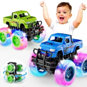 Monster Trucks Toys for Toddlers Boys: Light-up Wheels for Kids Age 2-4 Years Old,Toy Car for Kid Ages 3-5,Boy Cars to 3-6,Toy Truck for Toddler 1-3,Jam Birthday Gift for Children 1-3 (Blue and Green)