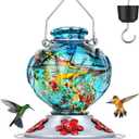 BOLITE Hummingbird Feeder, Hand Blown Glass Hummingbird Feeders for Outdoors Hanging, Ant Moat, 5 Bee-Proof Ports, Leak-Proof, 360 Perch, 22oz, Blue Peony Gifts for Women Men, Gifts for Mom Dad