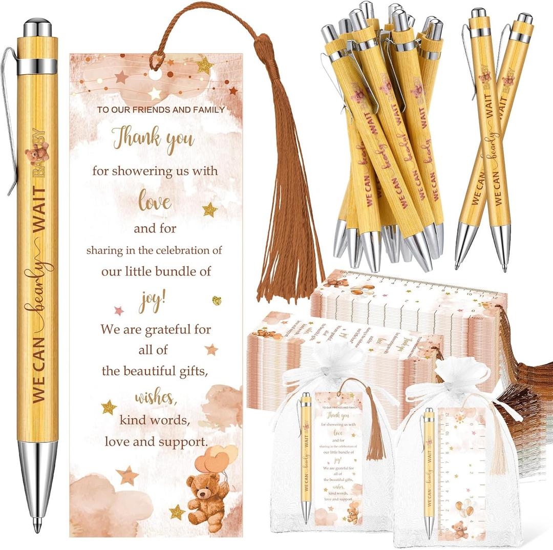 50 Sets Baby Shower Favors for Guests Includes 50 Baby Shower Ballpoint Pens 50 Thank You Bookmarks 50 Organza Bags for Gender Reveal Gifts Guest Prizes(Bear,Brown)