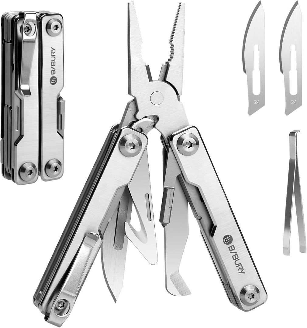 BIBURY Mini Multitool Pliers BI2051A, Mini Pocket Pliers with Window Breaker, Seat Belt Cutter, Bottle Opener for Outdoor Survival, EDC Multi Tool with Pocket Clip, Gifts for Men and Women (Silver)