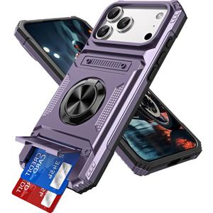 LEMAXELERS Magnetic Case for iPhone 17 Pro Max, with Hidden Card Holder [Store 2 Cards] 360 Spin Kickstand Heavy Duty Dual Layer Shockproof Cover for Apple iPhone 17 Pro Max 6.9", Purple RJ