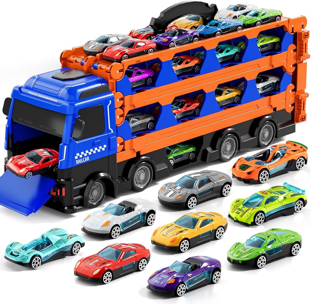 Large Truck Toys for Toddlers 1-3 2-4 3-5 4-7 Years Old Boys Kids, Transport Truck with 24 Pcs Die-Cast Cars, Toy Gifts for 3 4 5 6 Year Old Boys, Toddler Gift Toys for Ages 3-5 4-7