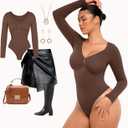 FeelinGirl Women's Long Sleeve Shapewear Bodysuit for Tummy Control Seamless Body Suits Thong V Neck Going Out Tops (Brown, M)