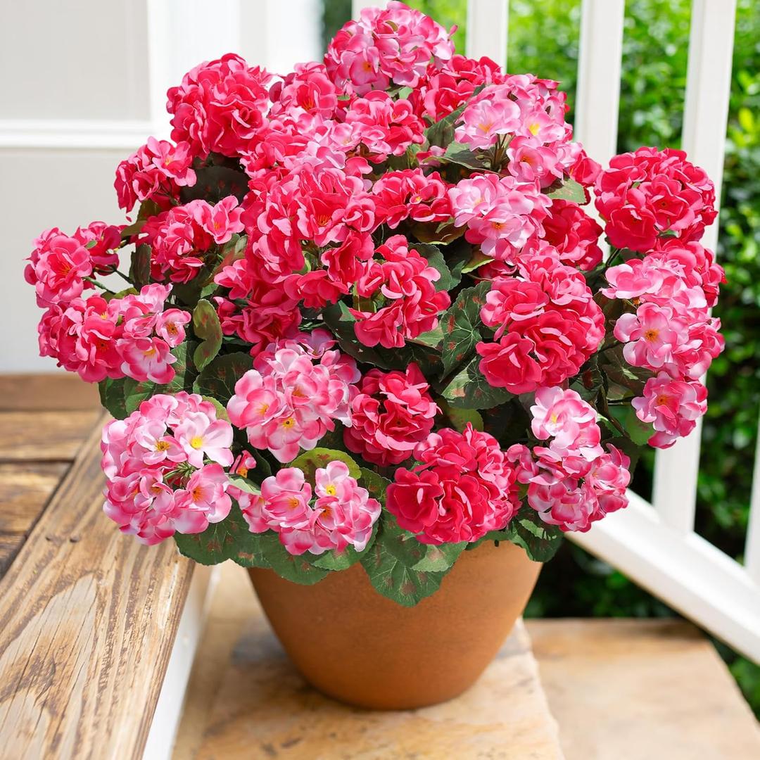 Artificial Geranium Fake Flowers for Outdoors Decoration, 6 Bundles Silk Geraniums Flower UV Resistant Look Real Faux Plants for Front Door Garden Porch Planter Patio Balcony Yard Indoor Home, Mix (3 Pink, 3 Hot Pink)