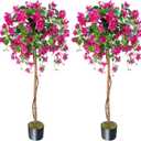 HUAESIN 2 Pack 5FT Bougainvillea Artificial Tree Tall Potted Fake Bougainvillea Trees Lifelike Faux Plants with Wood Trunk and Pink Flower for Indoor Outdoor Office Wedding Home Decor