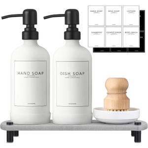 Kitchen Soap Dispenser Set with Instant Dry Tray,16 Oz Hand and Dish Soap White Glass Dispenser Set,Stainless Steel Pump,Waterproof Labels,Dish Brush,Luxury Soap Bottle for Kitchen,Bathroom