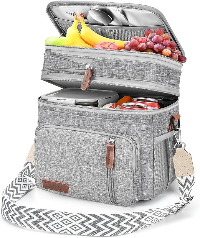 LOKASS Lunch Box for Women/Men-16L-Insulated Lunch Bag, Expandable Double-layer Leakproof Cooler Bag with Upgrade Adjustable Shoulder Strap Ideal for Work/Travel/Picnics（Gray&White）