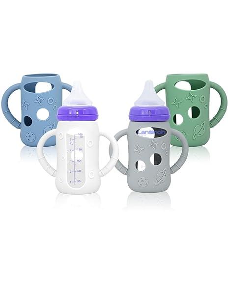 Luxnary 4Pack Silicone Sleeves for Lansinoh Glass Bottles 5 oz Starry Sky Design Baby Bottle Holder with Handles,Protectors for Lansinoh Natural Wave Glass Bottles, AntiScald Feeding Supplies
