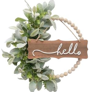 Green Wreath for Front Door, Wood Bead Wreaths with Artificial Lambs Ears Leaves, Hello and Welcome Door Sign Wreath for Home Decor, Spring Summer Green Leaf for Wedding Decor
