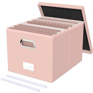 Oterri File Organizer Box with Lid, Portable Hanging File Box for Letter/Legal Files, Office/Decor/Home, Cream-pink (Leather), 1 Pack