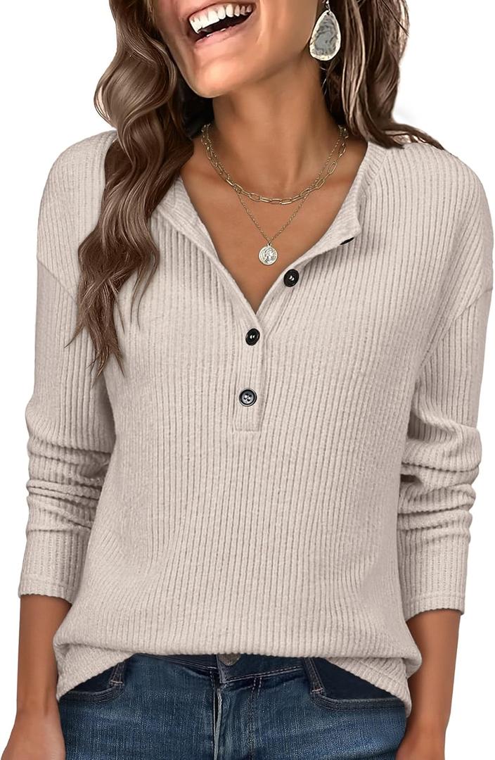 ANRABESS Long Sleeve Shirts for Women Henley Tops Dressy Casual T-Shirts Blouses 2025 Fall Lightweight Sweaters (S)