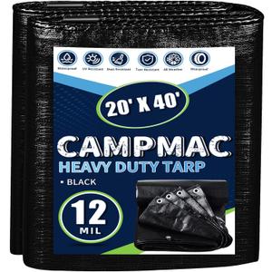 Black Tarps Heavy Duty Waterproof 20x40, 12 Mil Thick, High Durability, Rip and Tear Resistant with Metal Grommets Every 20 Inches