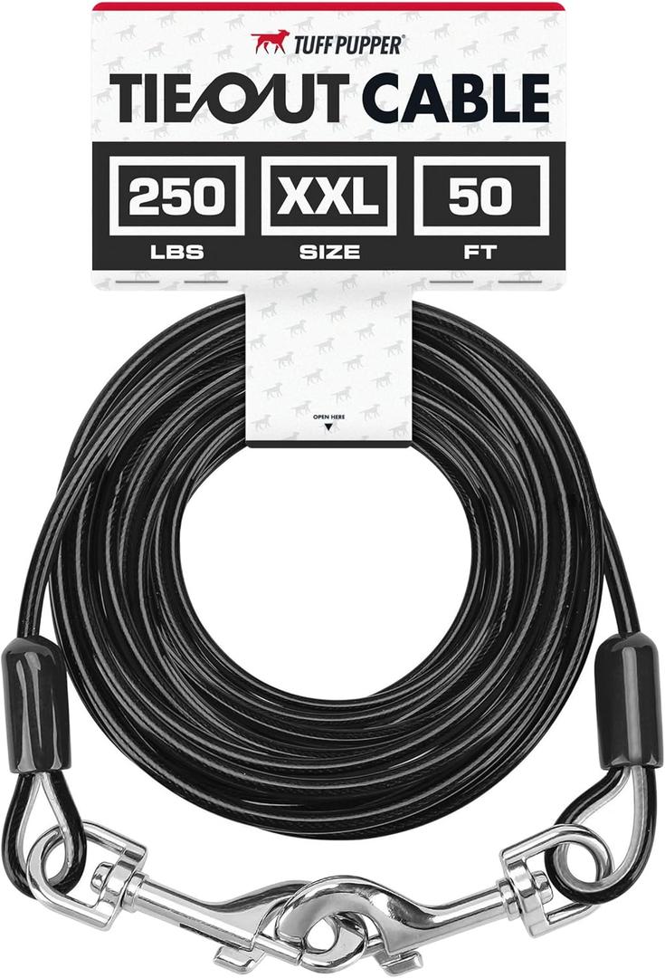 Tuff Pupper Dog Tie Out Cable 50 Feet | Dog Runner Cable for Yard 50 ft | Heavy Duty Lead | Water & Rust Resistant Industrial Strength Steel | 360 Degree No Tangle Swivel Clips (250 lbs Max Weight)