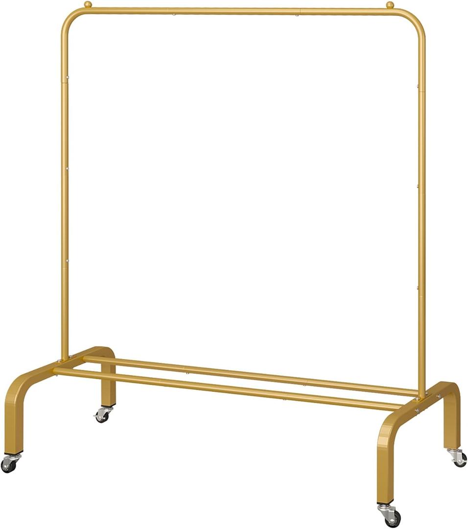 JIUYOTREE Metal Clothing Rack with Wheels 43.3 Inches Rolling Clothes Garment Coat Rack with Bottom Shelf Clothing Rack for Hanging Clothes Coats Skirts Shirts Sweaters Gold