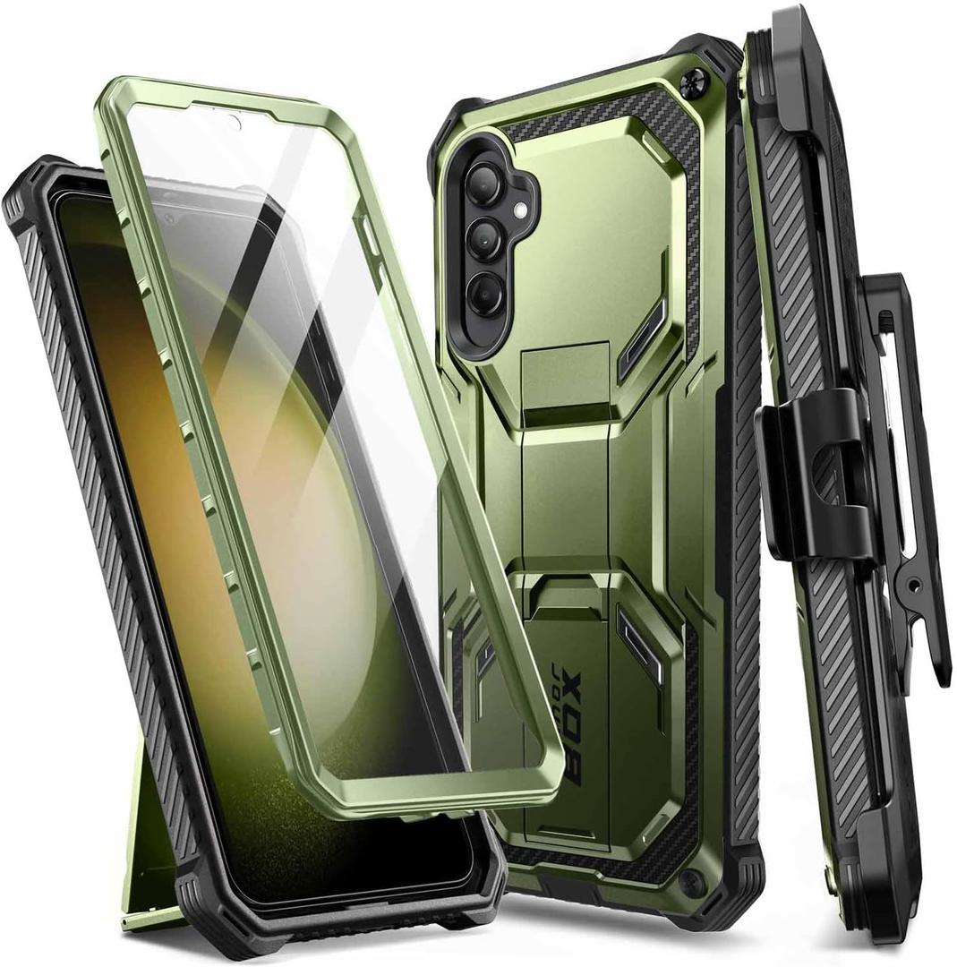 i-Blason Armorbox Designed for Samsung Galaxy S23 FE Case with Kickstand & Belt Clip, Full-Body Rugged Bumper Case with Built-in Screen Protector (Green)