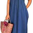 Long Maxi Dresses for Women Sexy Navy Denim Beach Summer Dress Casual Spaghetti Strap Sundress with Pockets(X-Large) Navy Denim