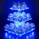 YestBuy 3 Tier Square Cupcake Stand - Premium Cupcake Holder - Acrylic Cupcake Tower Display - Cady Bar Party Dcor + LED Light String - Ideal for Weddings, Birthday Parties( Blue Light)