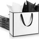 ReliThick 12 Pack Metallic Paper Gift Bag with Handles and Tissue Paper 11.8 x 10 x 4'' Thank You Favor Bag for St. Patrick's Day Wedding Bridesmaid Groomsman 5 Senses Gifts (White,Black)