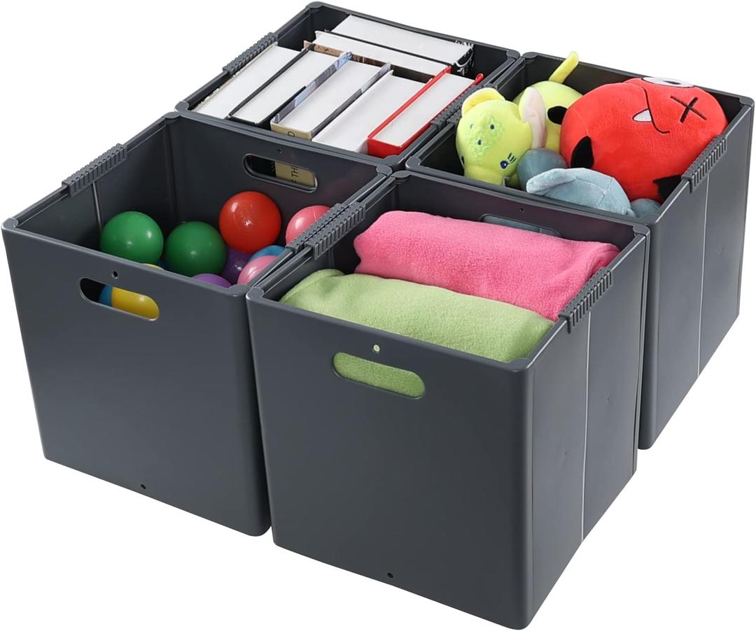 Plastic Storage Cubes Bin, Foldable Cubby Cubes with Handles, Pack of 4