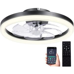 20inch Ceiling Fans Lights,68W Flush Mount Ceiling Fan with Ceiling Lights,Dimmable 3CCT,App Control,Remote Control,Timer,6 Wind Speeds Smart Low Profile Ceiling Fan for Room (C-Black)