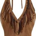 MakeMeChic Women's Suede Fringe Halter Crop Tops Tie Backless Button Down Western Cowgirl Top (Medium, Khaki)