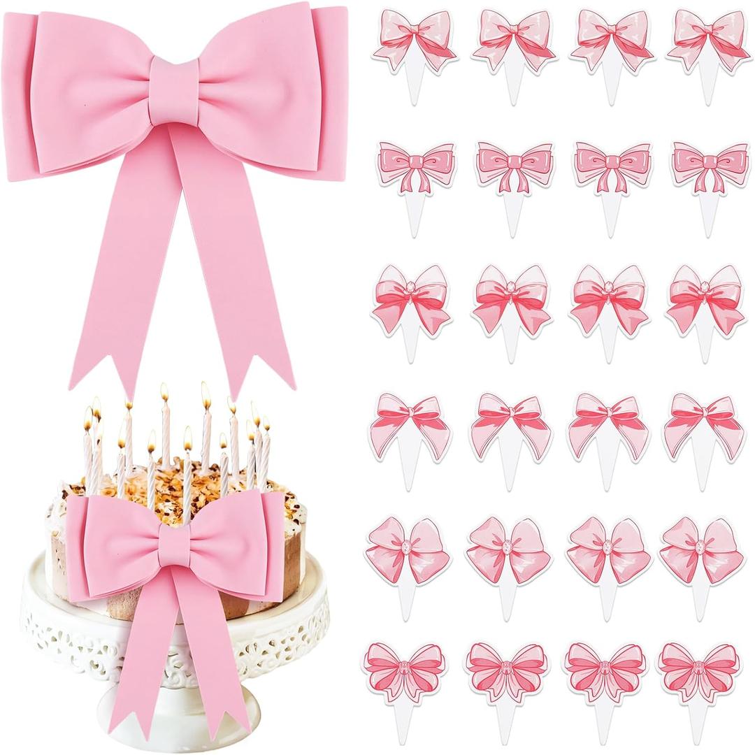 Zkptops 25Pcs Pink Bow Cake Toppers for Women Girls Birthday Bowknot Cupcake Decor Kit Cute EVA Bow Cake Topper Accessories Bow Dessert Decorations for Birthday Wedding Bachelorette Party Favor