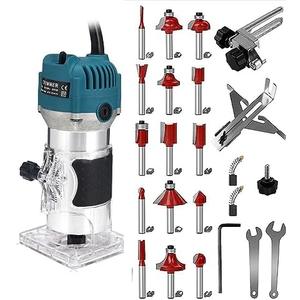 110V Router Tool, 800W Wood Trim Router, 30000RPM Electric Hand Trimmer, Palm Router with 15x 1/4” Router Bits & 2x Trim Guides for Woodworking Tools, Adjustable Base Height w/Scale
