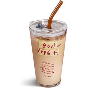 15oz Glass Tumbler with Straw and Lid, Cute Iced Coffee Cups, Aesthetic Glass Cups, Coffee Tumbler, Water Cup, Matcha Cup, Drinking Glasses (Bon Apptit) (Word)