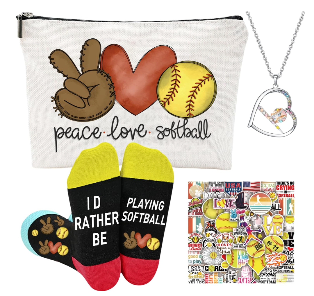 Softball Gifts for Girls – Sports Gift Set with Water Bottle, Canvas Tote Bag, Makeup Bag, Scrunchie, Socks, Necklace & 50 Stickers – Sports Gift for Girls, Birthday Gifts for Softball Lovers
