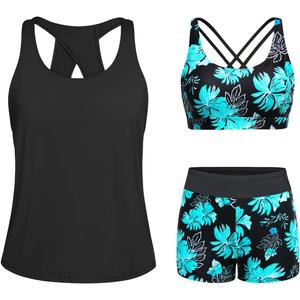 Tempt Me 3 Piece Tankini Swimsuits for Women Athletic Bathing Suits Swim Tank Top with Boy Shorts and Bra Modest Swimwear (Small, Blue Flower)
