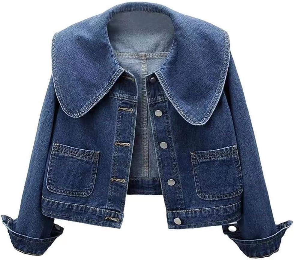 ASHER FASHION Womens Peter Pan Collar Jean Jacket Long Sleeve Cropped Denim Jackets Fall Button Jeans Coat with Pockets (X-Large, Blue)
