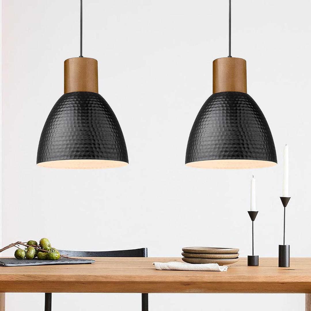 ELYONA 2 Pack Hammered Pendant Lights, 10.2 Industrial Metal Solid Wood Hanging Lamp, Modern Island Pendant Light Fixtures for Kitchen Bar, Farmhouse Dining Room, Bedroom, Living Room, Office, Black (Medium)