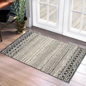 Moroccan Area Rug, 2x3 Black Distressed Entryway Rug Non-Slip Small Rug, Soft Low-Pile Washable Indoor Door Mat Floor Carpet for Entrance Bedroom Kitchen Bathroom