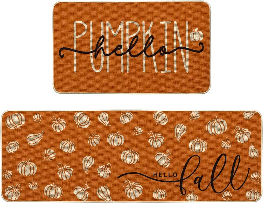 Artoid Mode Orange Hello Pumpkin Fall Kitchen Mats Set of 2, Autumn Home Decor Low-Profile Kitchen Rugs for Floor - 17x29 and 17x47 Inch