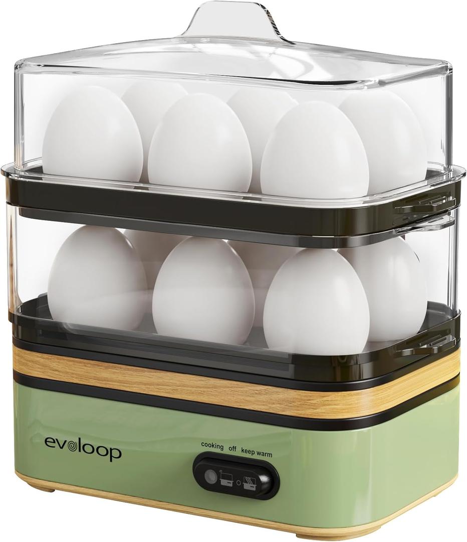 Evoloop Rapid Egg Cooker Electric 12 Eggs Capacity, Soft, Medium, Hard Boiled, Poached, Omelet Maker Egg Poacher & Vegetable Steamer, BPA Free TrayGreen