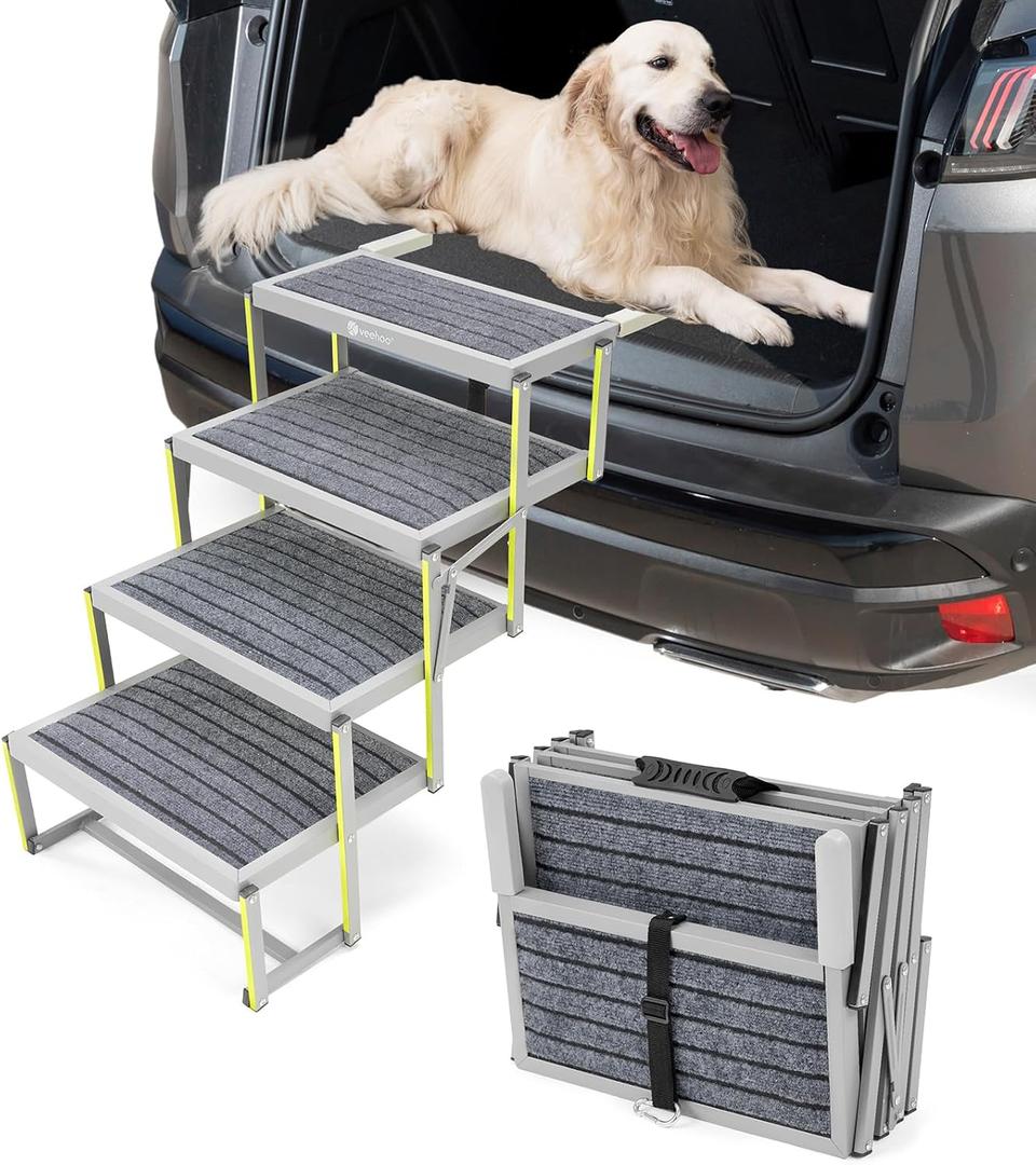 Veehoo Dog Stairs for Car, Aluminum Folding Dog Steps for Cars Truck and SUV, Portable Dog Car Ramp for Large Dogs with Non-Slip Surface, Supports Up to 200 Lb, 4 Steps