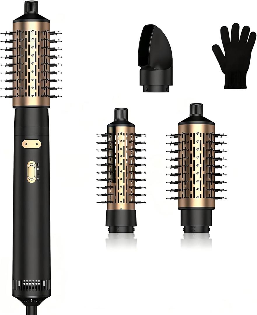 Hair Dryer Brush, 4 in 1 Rotating Round Hot Air Spin Brush Set Negative Ionic Professional Blow Dryer with Detachable Brush(2" & 1.5"), 3 Heats and 2 Speeds Rotating Blow Dryer Brush (Black-gold)