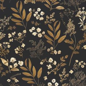 Laatse Vintage Wallpaper Peel and Stick Black Floral Wallpaper 17.5'' x 393'' Gold Leaf Contact Paper Vinyl Waterproof Self Adhesive Boho Botanical Wall Paper for Bedroom Shlef Cabinet Dcor