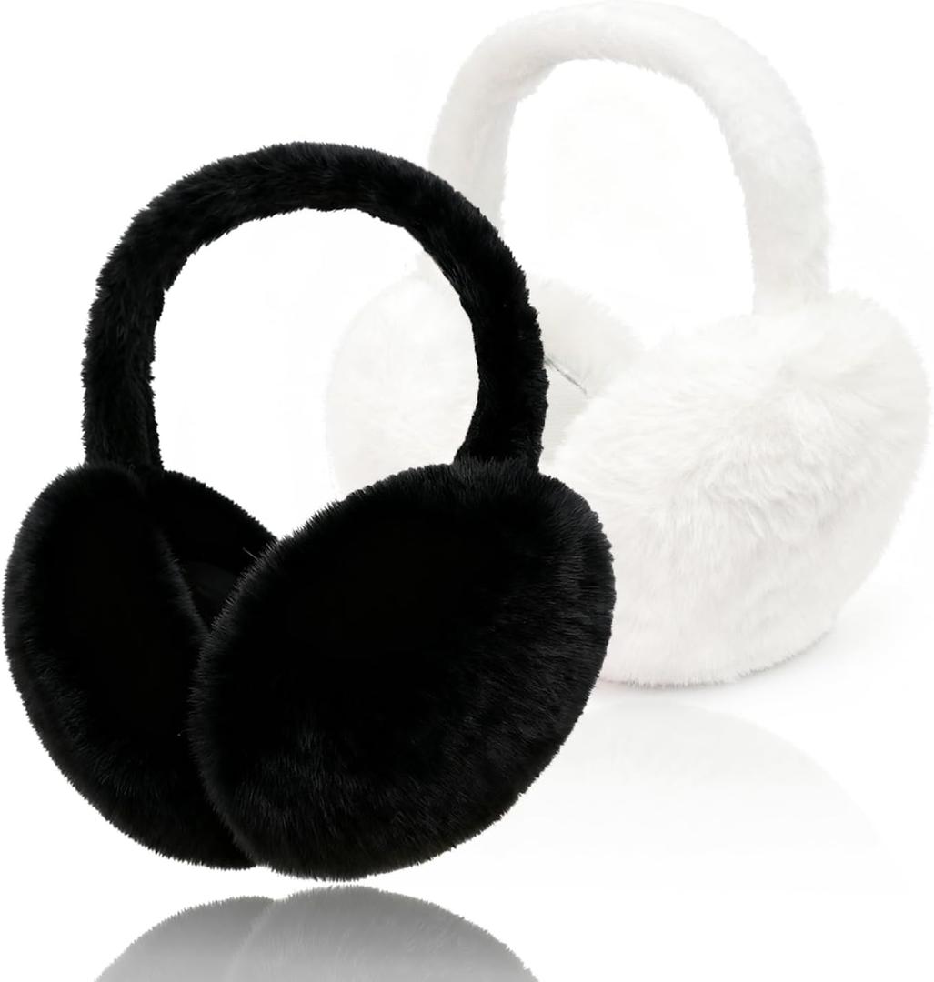 2pcs Earmuffs for Women Winter White Black Fur Earmuffs Foldable Ear Warmer Soft Ear Covers