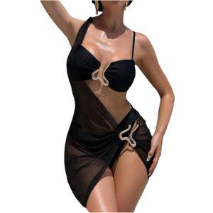 WDIRARA Women's 3 Piece Swimsuit Ring Linked Bikini Set with Sheer Cover Up Dress (Medium, Black)