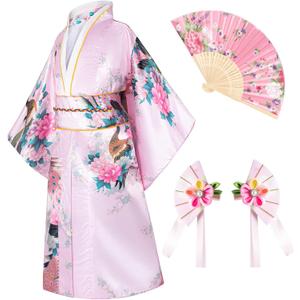 Japanese Traditional Dress Kimono Robe for Kids Girls Costume (8-9Years(140cm), Type2-pink)
