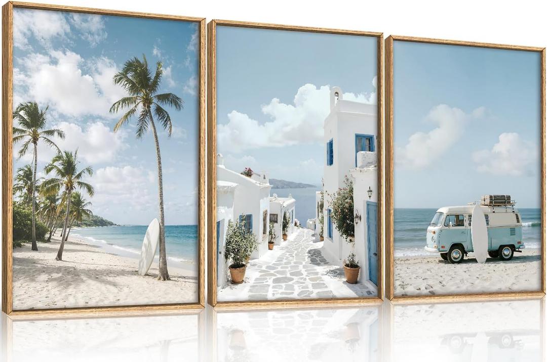 BICERE Large Summer Coastal Framed Canvas Wall Art Set,Modern Beach Surfboard Wall Decor,Seaside Palm Tree Art Prints,Vintage Blue Van Artwork for Living Room,Bedroom,Office -24"x36"x3