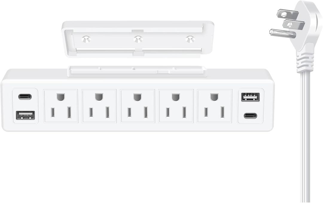 40W Under Desk Power Strip Mountable,20W USB-C Fast Charging Flat Plug Power Strip Surge Protector 1200J,9 in 1 Desk Outlet,5 Outlets,2 USB-C,2 USB-A,6FT Extension Cord White