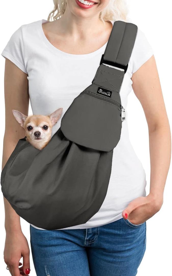 SlowTon Dog Carrier Sling, Thick Padded Adjustable Shoulder Strap Dog Carriers for Small Dogs, Puppy Carrier Purse for Pet Cat with Front Zipper Pocket Safety Belt Machine Washable (Gray S) (A-Grey Cotton Fabric)