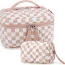 BAGSMART Travel Makeup Bag, 2-Piece Puffy Quilted Cute Make Up Bag Cosmetic Bags for Women, Large Wide-Open Toiletry Pouch Gifts for Toiletries Accessories Travelling Essentials, Checkered Khaki