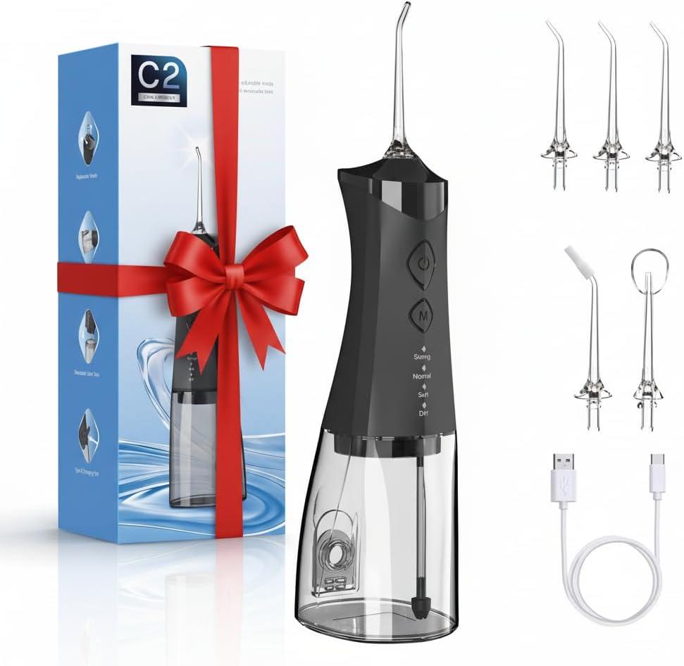 Water Dental Flosser Cordless for Teeth, 350ML Water Dental Flosser Teeth Pick 4 Modes Portable Oral Irrigator with 4 Jet Tips Rechargeable Flossers Oral Irrigator IPX7 Waterproof for Home Travel (Black)